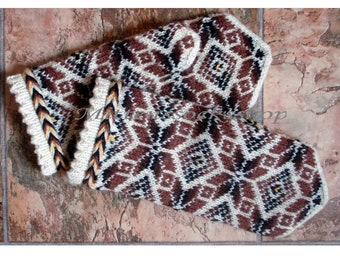 Hand Knit Latvian Wool Mittens: White Brown Scandinavian Style Gloves