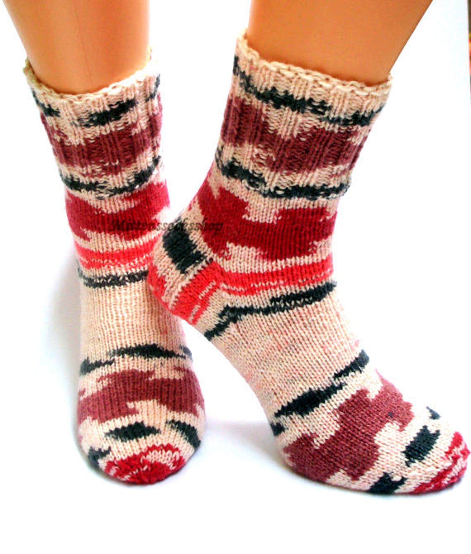 White Red Black Socks, Hand Knitted Socks, White Red Black Womens Socks ...