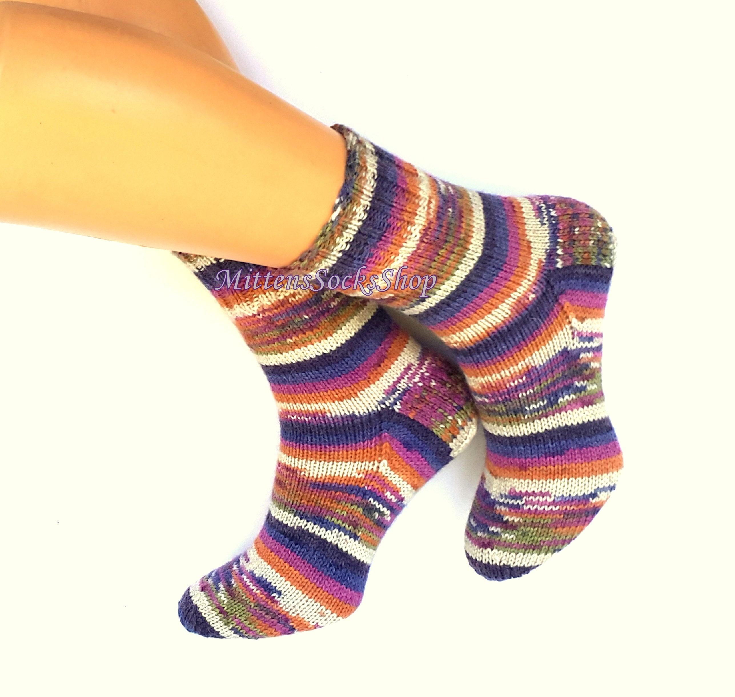 Hand Knitted Rainbow Socks Wool Socks Warm Socks Raibow Socks | Etsy