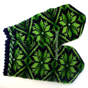 Green Black Knitted Mittens, Wool Mittens, Wool Gloves, Latvian Mittens, Scandinavian Mittens, Winter Gloves, Warm Mittens, Adult Mittens image 1