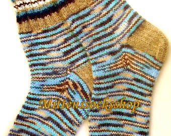 Blue Beige Black Wool Socks, Hand Knitted Socks, Striped Socks, Sleeping Socks, Winter Socks, Colorful Womens Socks, Girls Socks, Mens Socks