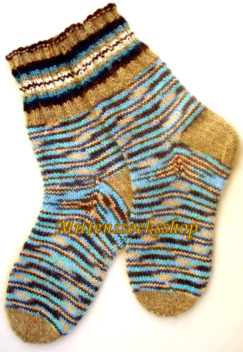 Blue Beige Black Wool Socks, Hand Knitted Socks, Striped Socks