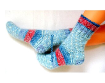 Hand Knitted Wool - Mohair Socks: Blue Red Winter Sleeping Leg Warmers