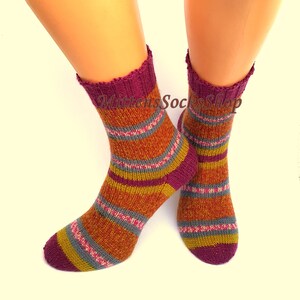 Hand Knit Red Yellow Socks, Striped Womens Socks, Stylish Girls Socks ...