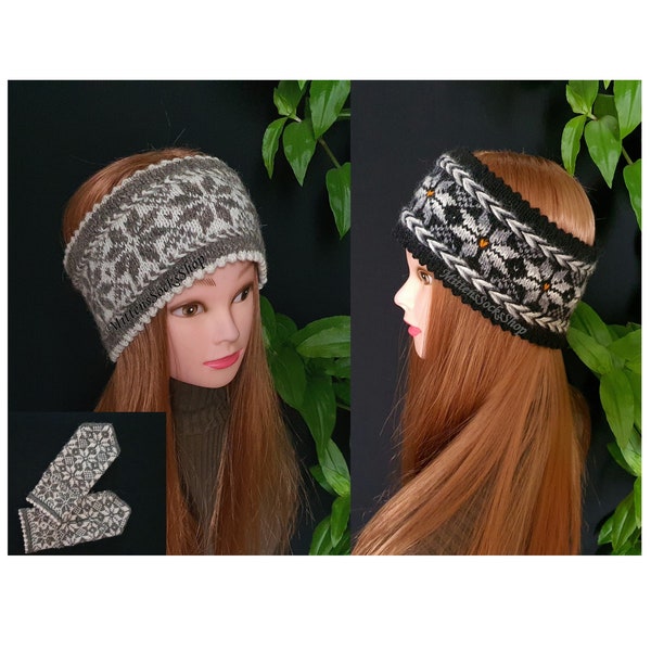 Hand Knit Fair Isle Headband, Gray White Black Headband, Knit Ear Warmer, Wool Headband,  Snowflake Headband, Winter Headband, Ski Headband