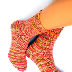 Hand Knitted Orange Pink Beige Yellow Striped Socks, Womens Socks ...