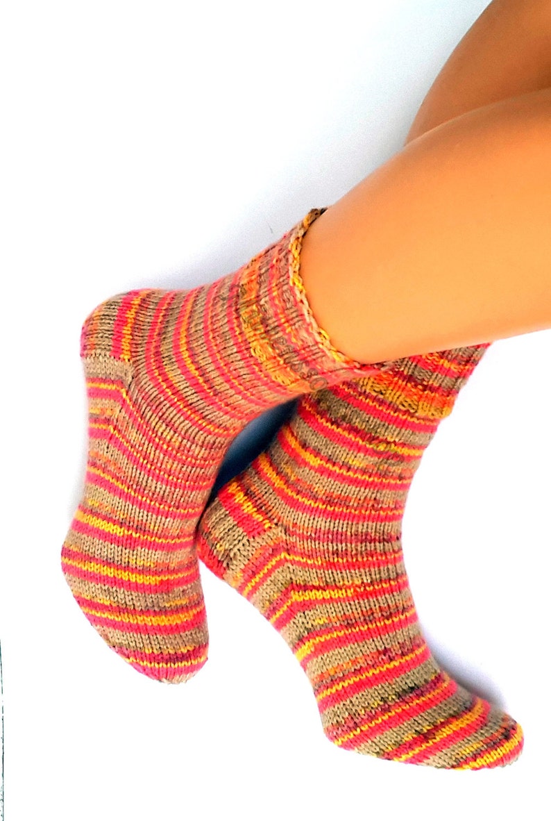 Hand Knitted Orange Pink Beige Yellow Striped Socks Womens - Etsy
