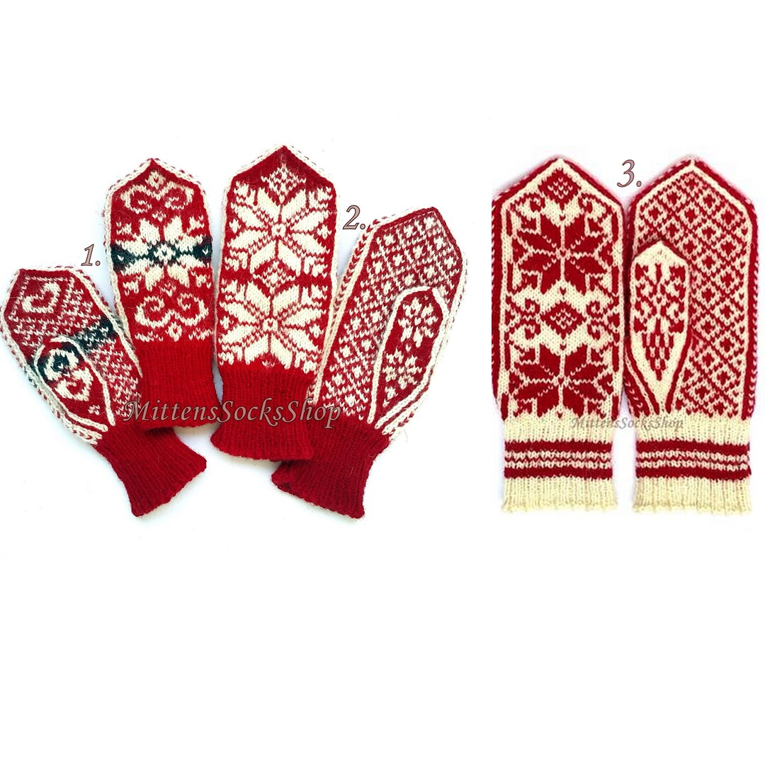 Hand Knit Nordic Wool Mittens: Red & White Scandinavian Gloves - Etsy