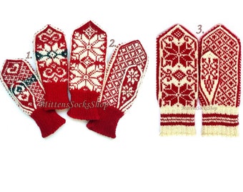 Hand Knit White Red Nordic Mittens, Norwegian Mittens, Hand Knit Wool Mittens, Scandinavian Gloves, Warm Mittens, Winter Gloves, Wool Gloves