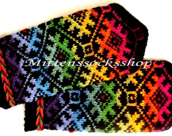 Hand Knit Rainbow Mittens Hand Knit Rainbow Gloves Wool Mittens Wool Gloves Warm Women's Mittens Winter Gloves Latvian Mittens with Pattern