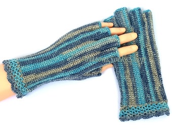 Crochet Half Finger Gloves: Striped Wool blend Wrist Warmers