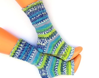 Blue Green Knitted Yoga Socks with Heel, Hand Knit Yoga Socks, Dance Socks, Summer Socks, Pilates Socks, Leg Warmers, Pedicure Socks, Gift