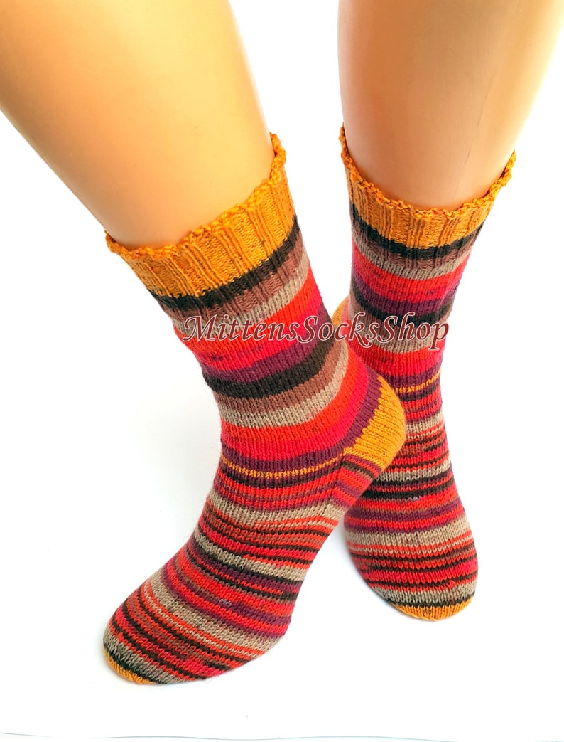 Red Orange Hand Knit Socks Striped Socks From Red Orange - Etsy