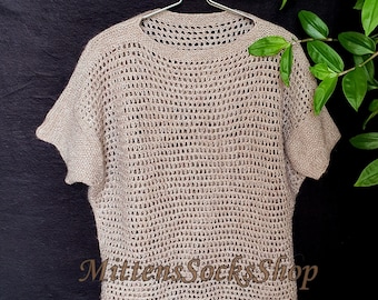 Jersey de verano de malla beige: Top suelto y transparente tejido a mano, jersey ligero.