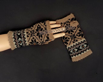 Hand Knit Wool Fingerless Gloves: Beige Black Latvian wool Mittens