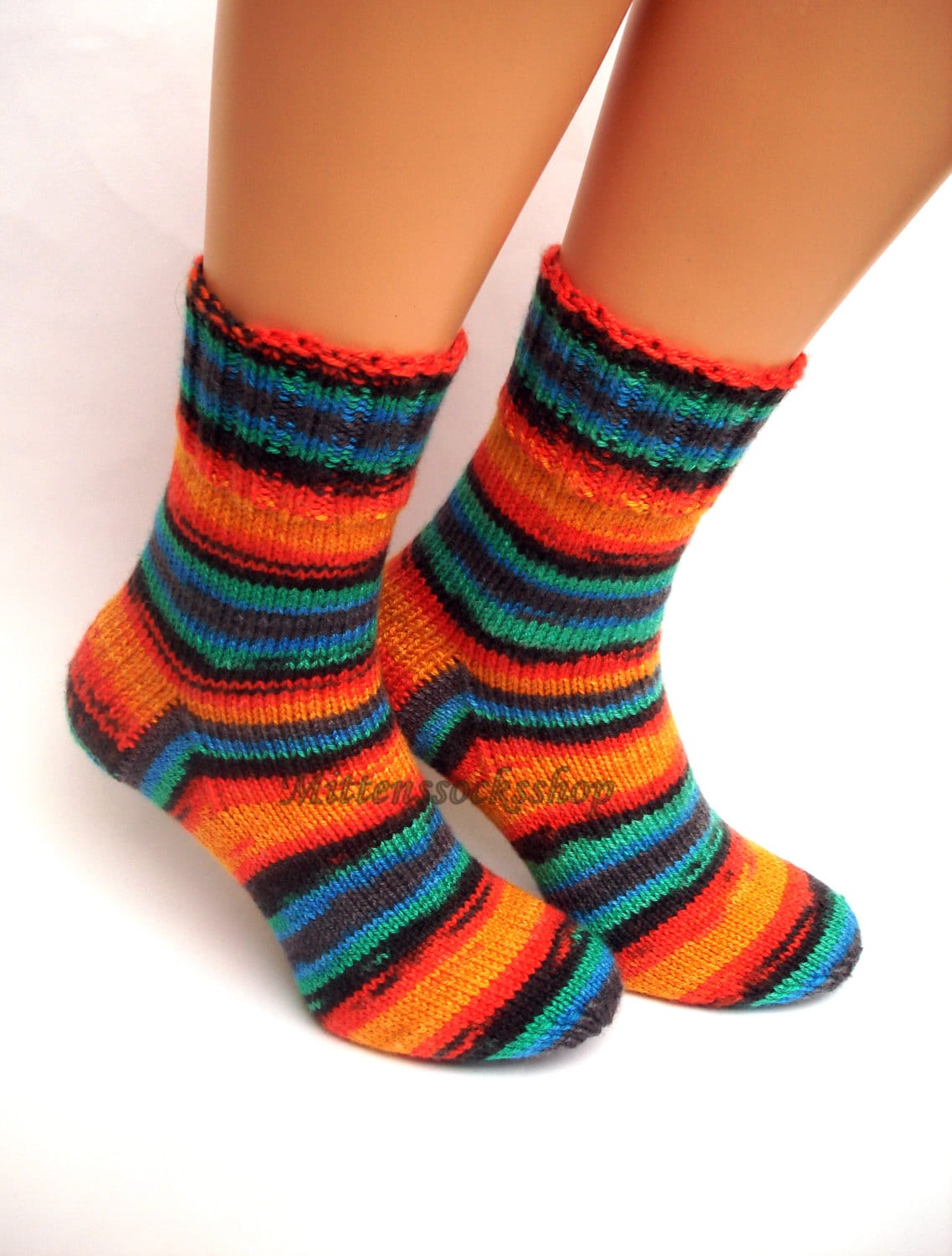Knitted Socks, Hand Knit Orange Blue Black Socks, Womens Socks, Girls