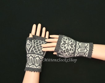 Hand Knit Norwegian Fingerless Gloves, Gray White Wool Hand Warmers