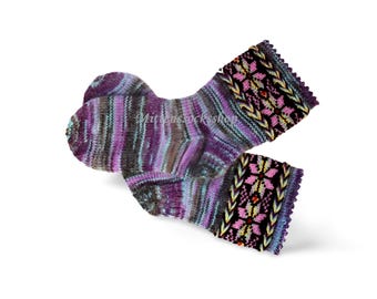 Hand Knit Wool Mohair Socks: Purple Gray Patterned Winter Sleeping Socks