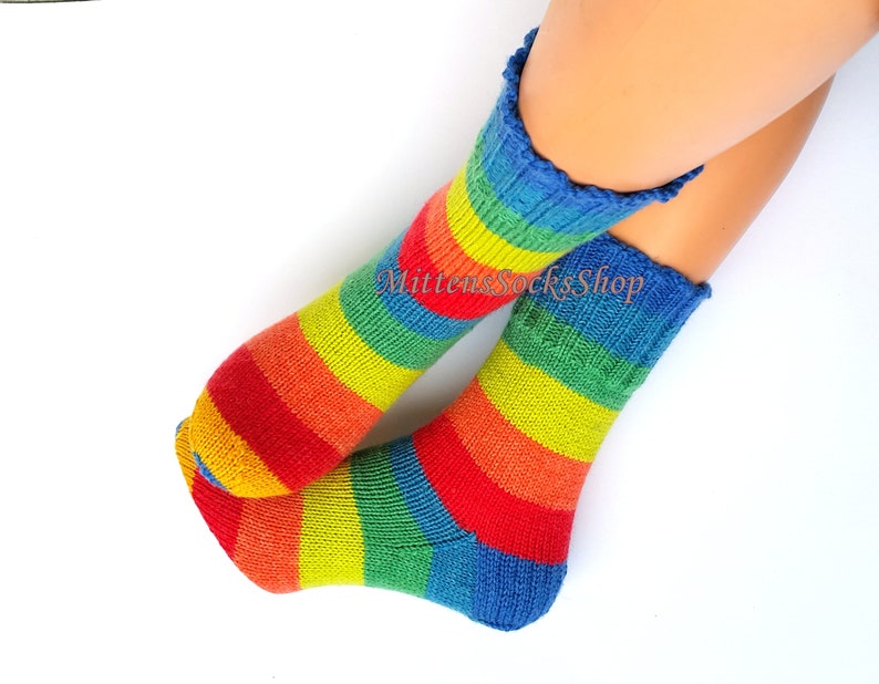Hand Knit Rainbow Socks, Adult Socks, Warm Socks, Bright Socks, Colorful Striped Womens Socks, Winter Socks for Mens, Girls Socks, Gift idea image 10