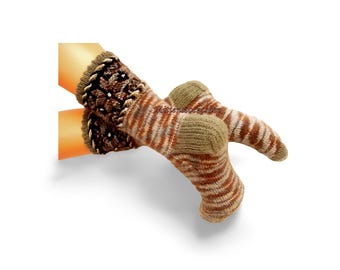 Hand Knit Warm Winter Socks: Beige Brown Gray Leg Warmers