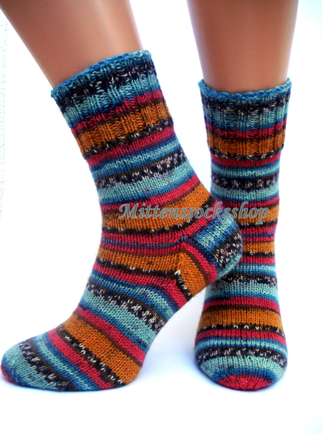 Blue Yellow Hand Knitted Socks, Striped Socks, Womens Socks, Winter