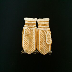 Hand Knit Nordic Wool Mittens: White & Mustard Scandinavian Gloves image 10