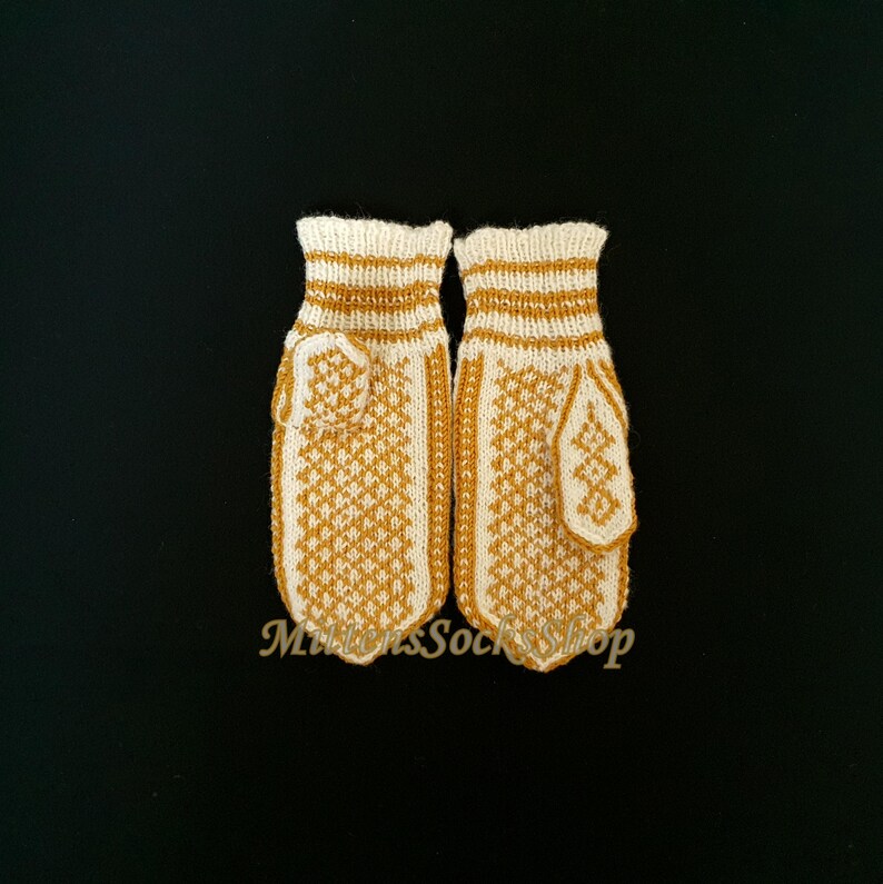 Hand Knit Nordic Wool Mittens: White & Mustard Scandinavian Gloves image 10