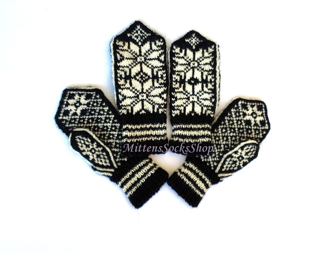 Hand Knit Wool Mittens Purple White Mittens Black White Etsy