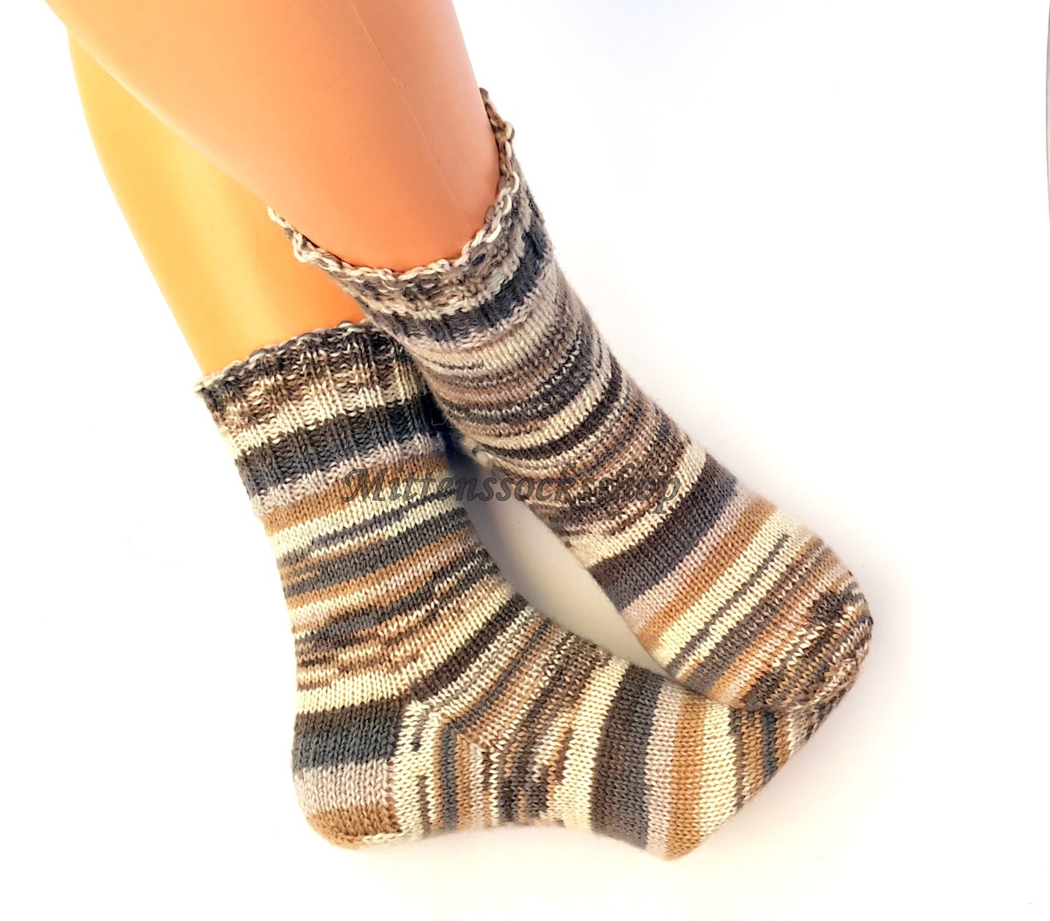 Beige Gray White Socks, Wool Socks, Hand Knit Socks, Warm Socks, Beige