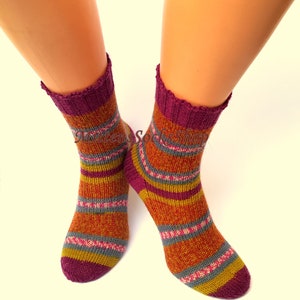 Hand Knit Red Yellow Socks, Striped Womens Socks, Stylish Girls Socks ...