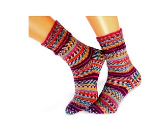 Hand Knit Wool Socks: Multicolor Striped Winter Socks
