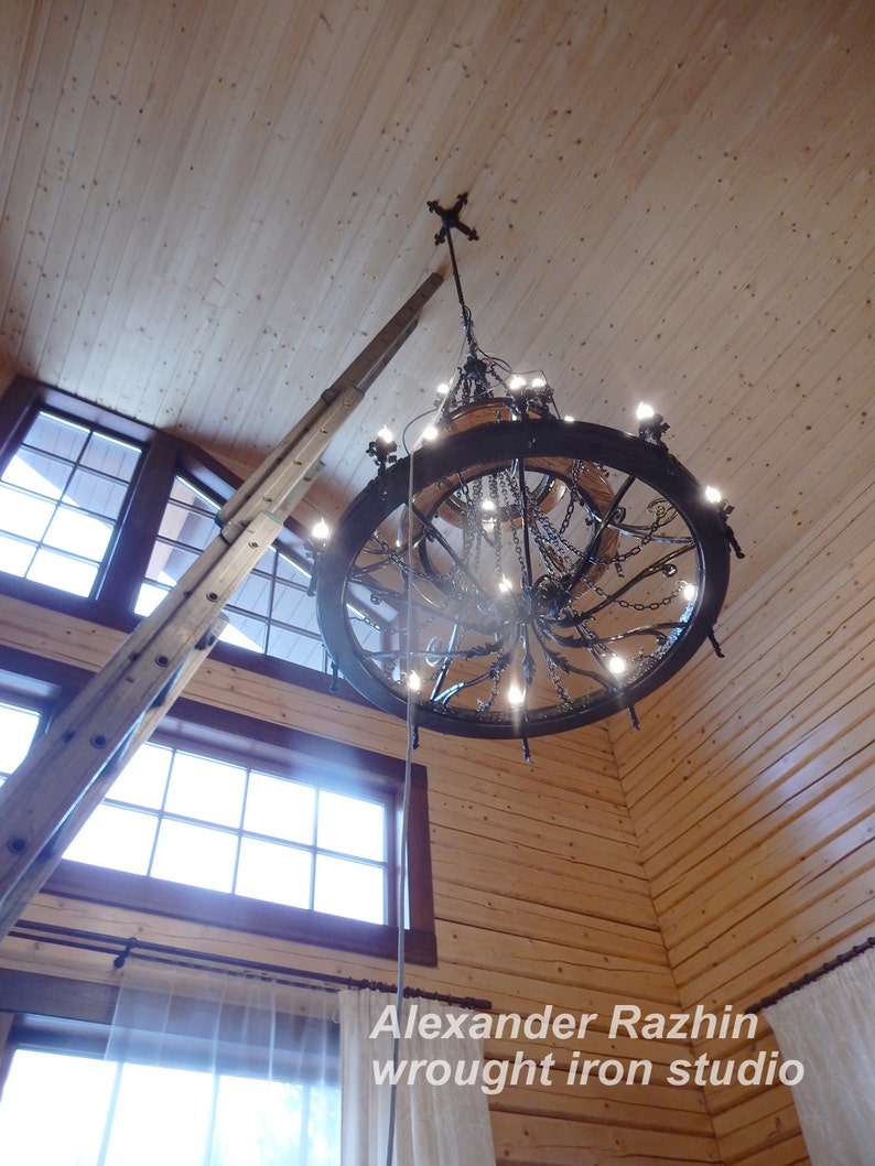 Large wrought iron chandelier wagon wheel style Wood Etsy