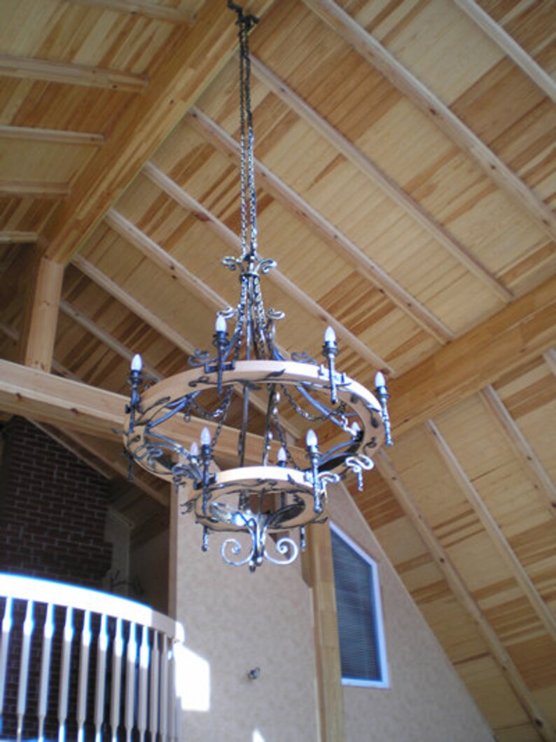Large wrought iron chandelier wagon wheel style Wood Etsy