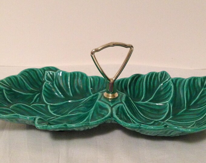 California Pottery Relish Tray Double Leaf Shaped Split Bowl Etsy