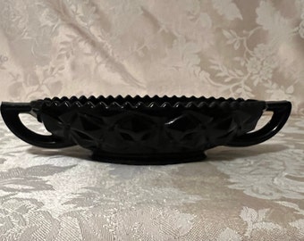 Imperial Black Glass Diamond Block Sawtooth Pickle Dish, Two Handle, Vintage, Circa 1940s, Oblong in shape.