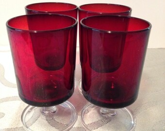 Arcoroc Luminarc 4 Red Ruby Stemmed Cordial Wine, Water,Juice Glasses, Marked  France,Vintage,Collectible Glassware,French Stemware