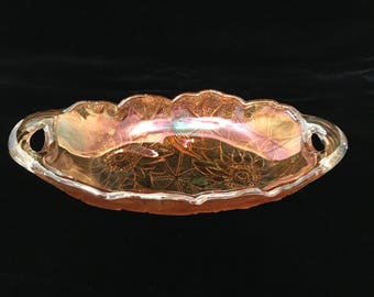Vintage Indiana Marigold Iridescent Glass Candy Dish with Handles, Lily Pon Sunflower Glass, Open Handles, Pressed Glass,