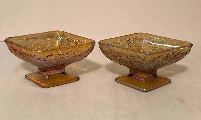 Vintage,Collectible,Decor,Housewares, 2 Indiana Diamond Shape Amber Iridescent Floral Motif Glass Pedestal DishCompote Free Ship