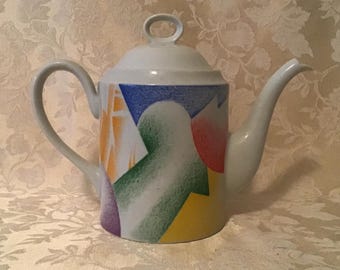 Toscany TOS2 Jack Prince Teapot, Geometric Designs on White Background, Multi-Colored, Made In Japan.