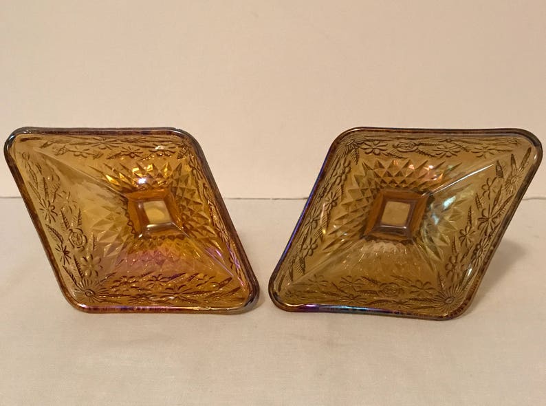 Vintage,Collectible,Decor,Housewares, 2 Indiana Diamond Shape Amber Iridescent Floral Motif Glass Pedestal DishCompote Free Ship