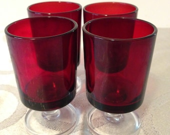 Luminarc Arcoroc Red Ruby Cavalier Water Goblets, Made In France, Vintage, Stemmed Glassware, Collectible, Drink-ware, 1970&#39;s Stem Ware