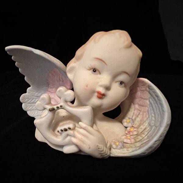 Angel Lamore, Cherub Bust with Lyre, Porcelain Bisque Curly Hair Angel, Made in Occupied Japan, Beautiful Holiday Decor