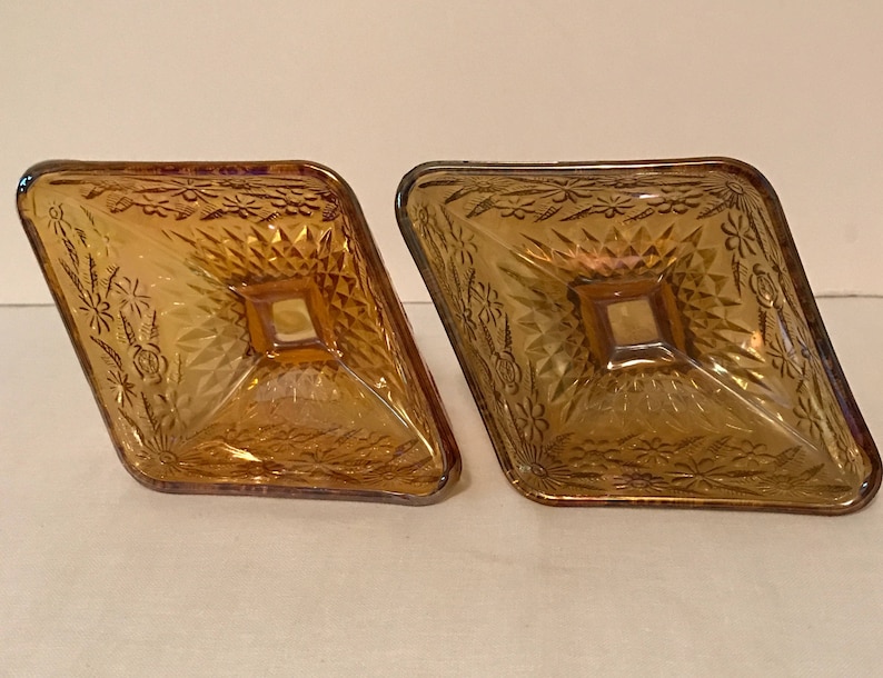 Vintage,Collectible,Decor,Housewares, 2 Indiana Diamond Shape Amber Iridescent Floral Motif Glass Pedestal DishCompote Free Ship