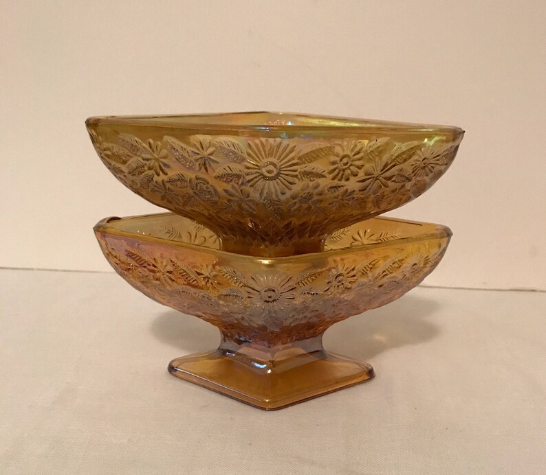Vintage,Collectible,Decor,Housewares, 2 Indiana Diamond Shape Amber Iridescent Floral Motif Glass Pedestal DishCompote Free Ship