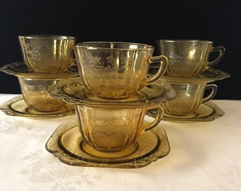 Federal  Madrid Amber Cup and Saucers, Recollection, Etched Pattern Glass, Coffee or Tea, Bicentennial,