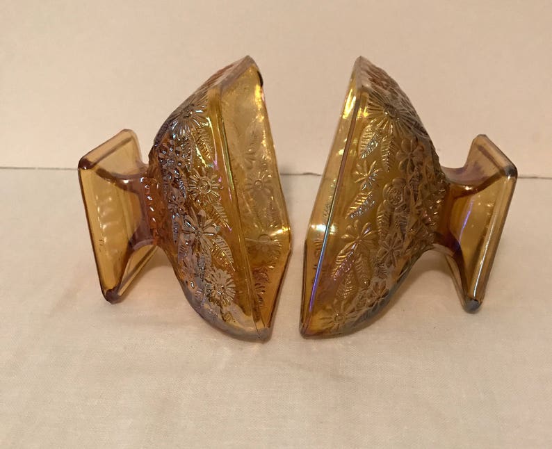 Vintage,Collectible,Decor,Housewares, 2 Indiana Diamond Shape Amber Iridescent Floral Motif Glass Pedestal DishCompote Free Ship