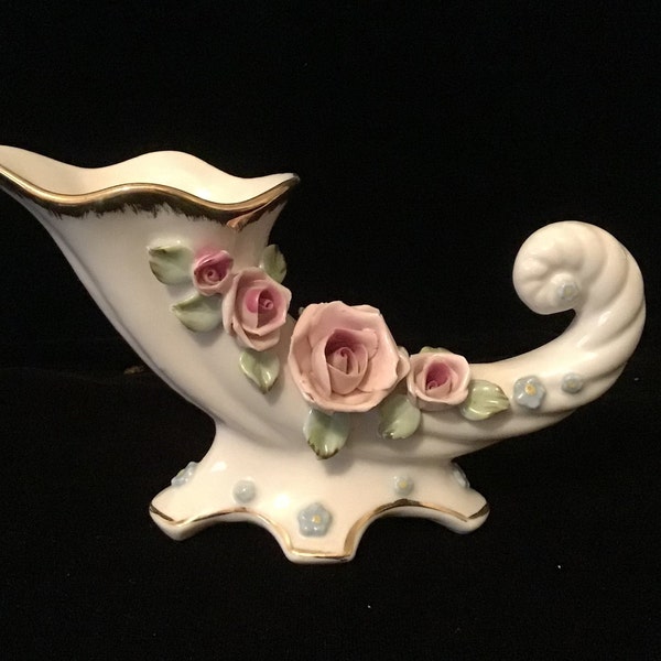 Napco Ceramic Cornucopia, Pink Roses,Blue Flowers,Trimmed In Gold. Hand Painted, Beautiful and Unique,Japan, S75B, Great Condition