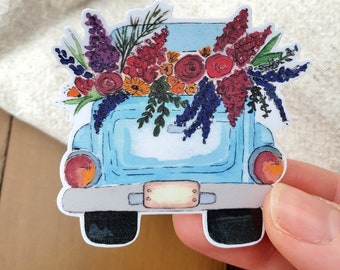 Pickup with flowers, sticker, label, sticker, glossy finish