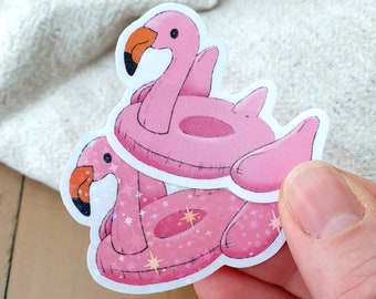 Sticker, Flamingo - Schwimmtier, Sommer, mit holografischem Sterne-Finish oder ohne, glänzende Oberfläche, 3er Set