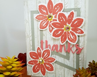 Gracias - Tarjeta de agradecimiento - Tarjeta hecha a mano - Tarjeta de felicitación - Tarjeta - Para ella - Flores - Floral - Naranja - Regalo - Ideas de regalo